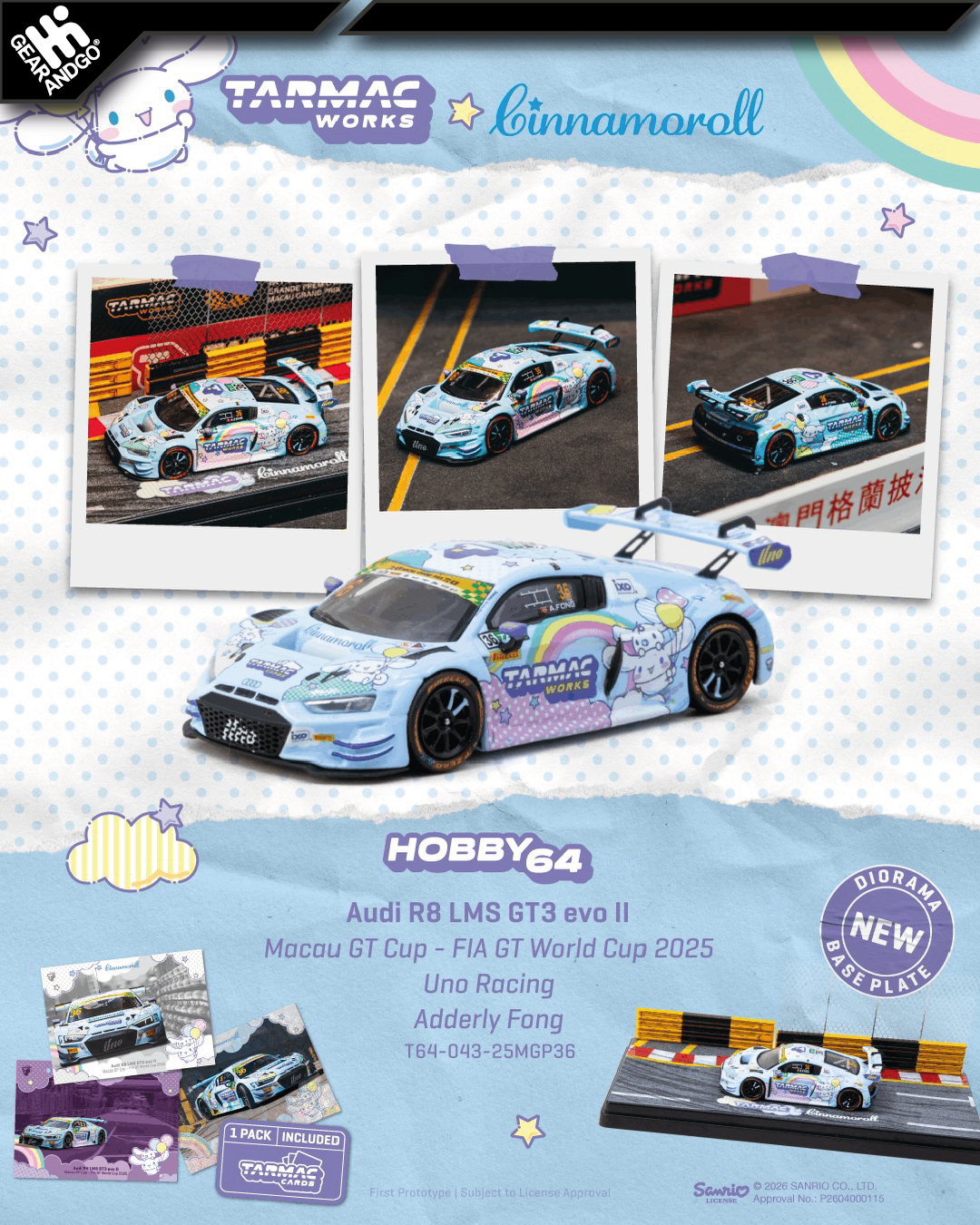 TARMAC - 2025 AUDI R8 LMS GT3 EVO II #36 UNO RACING MACAU GT WITH DIORAMA AND CARD