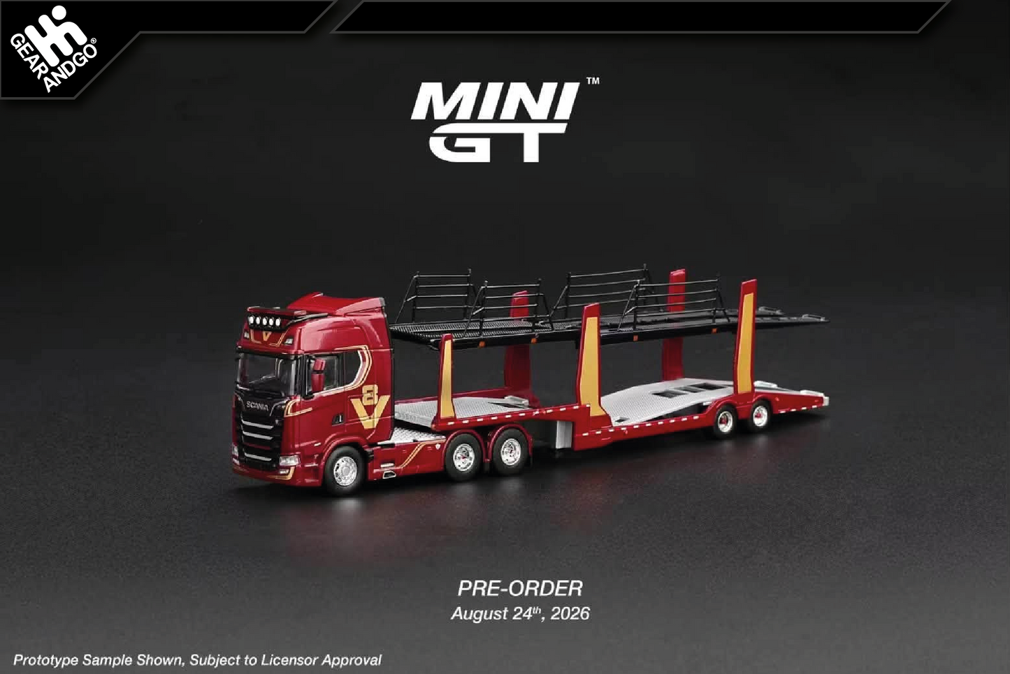 MINI GT 1350 - SCANIA 770S A6X4NA CAR TRANSPORTER V8 *50TH ANNIERSARY* WITH CAR TRANSPORTER