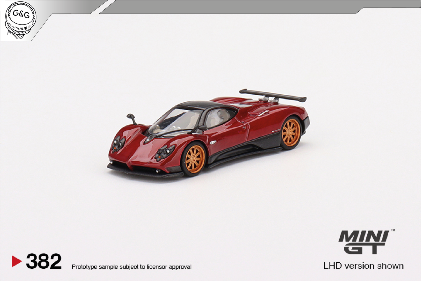 MINI GT 382 - PAGANI ZONDA F ROSSO DUBAI - KARTA/KRABIČKA
