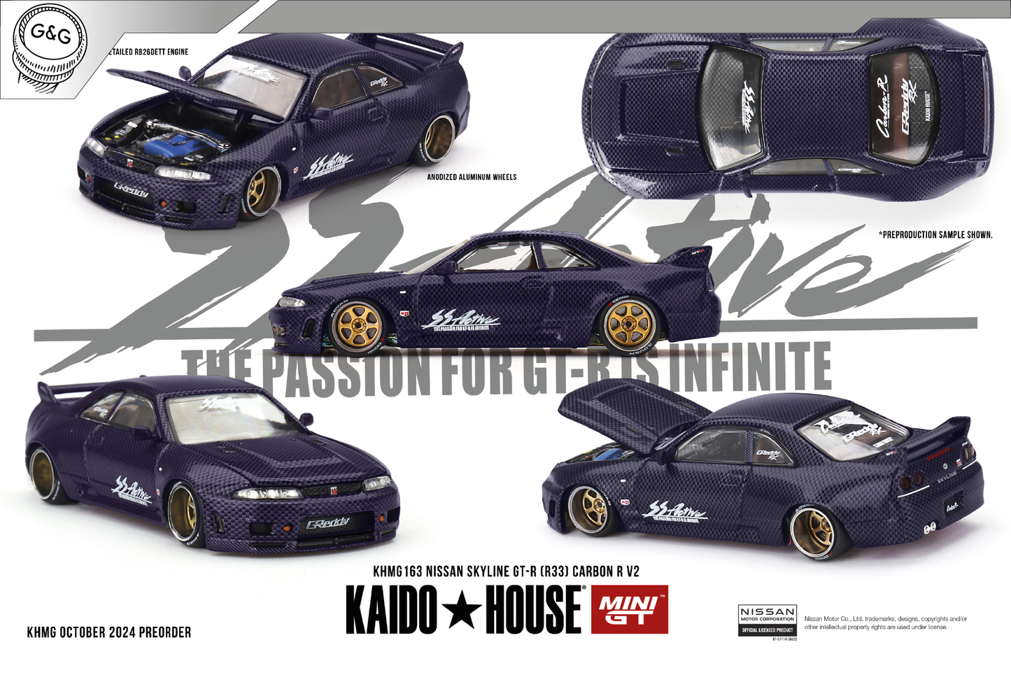 MINI GT KAIDO 163 - NISSAN SKYLINE GT-R (R33) ACTIVE CARBON R V2