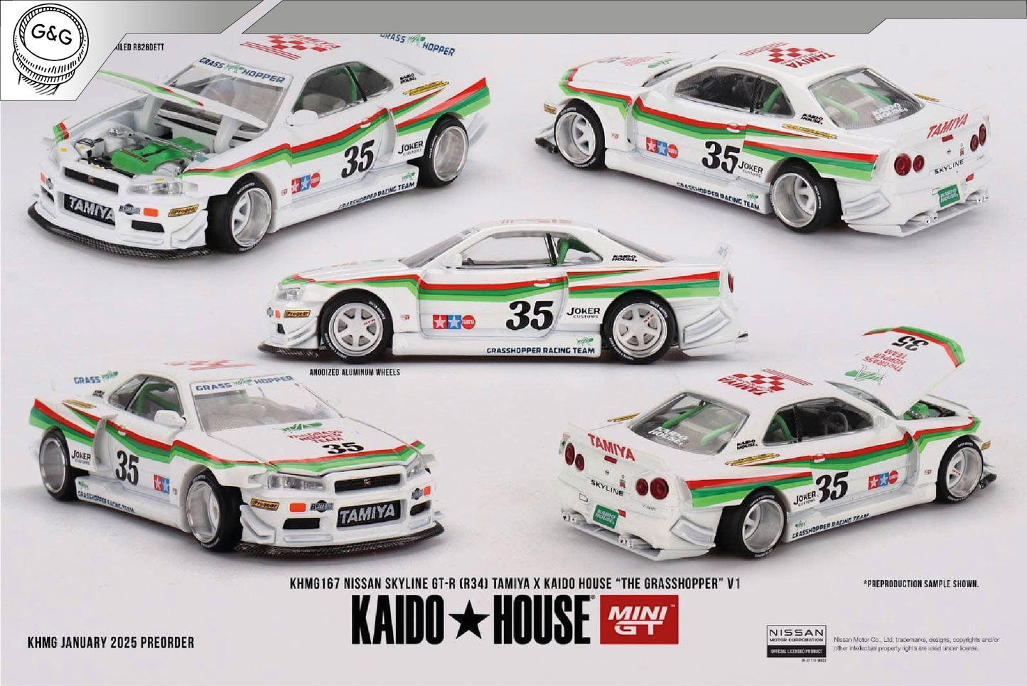 MINI GT KAIDO 167 - 1999 NISSAN SKYLINE GT-R (R34) TAMIYA *THE GRASSHOPPER* V1