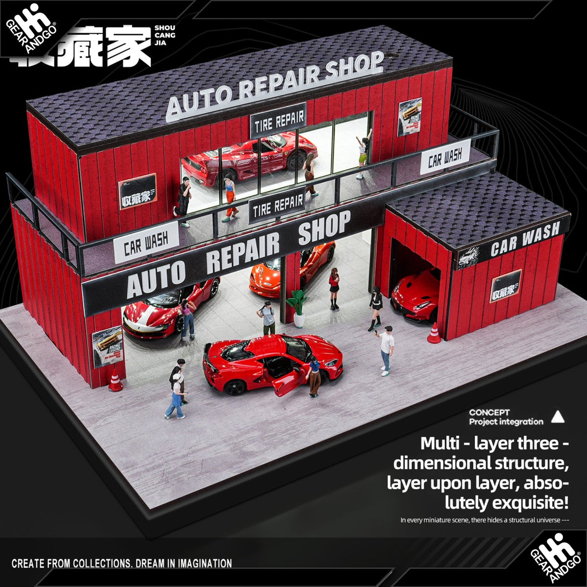 SHOU CANG JIA DIORAMA - FIRE TRUCK CONTAINER REPAIR GARAGE (82055)