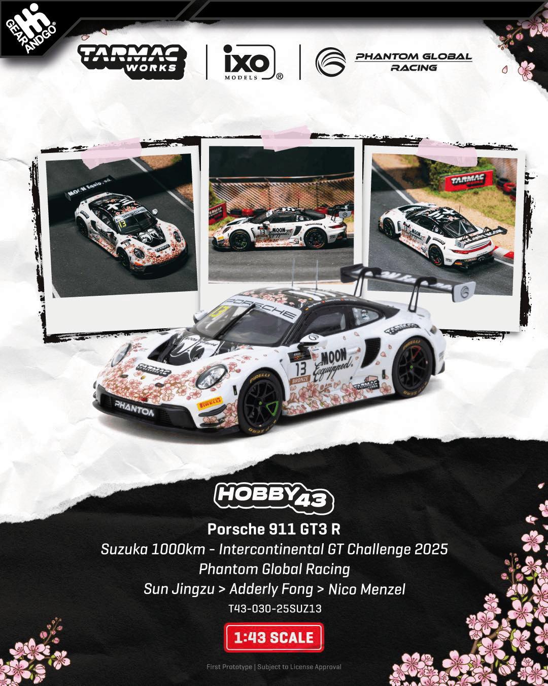 TARMAC 1/43 - 2025 PORSCHE 911 (992) GT3 R #13 SUN JINGZU/ADDERLY FONG/NICO MENZEL SUZUKA 1000KM INTERCONTINENTAL GT CHALLENGE PHANTOM GLOBAL RACING