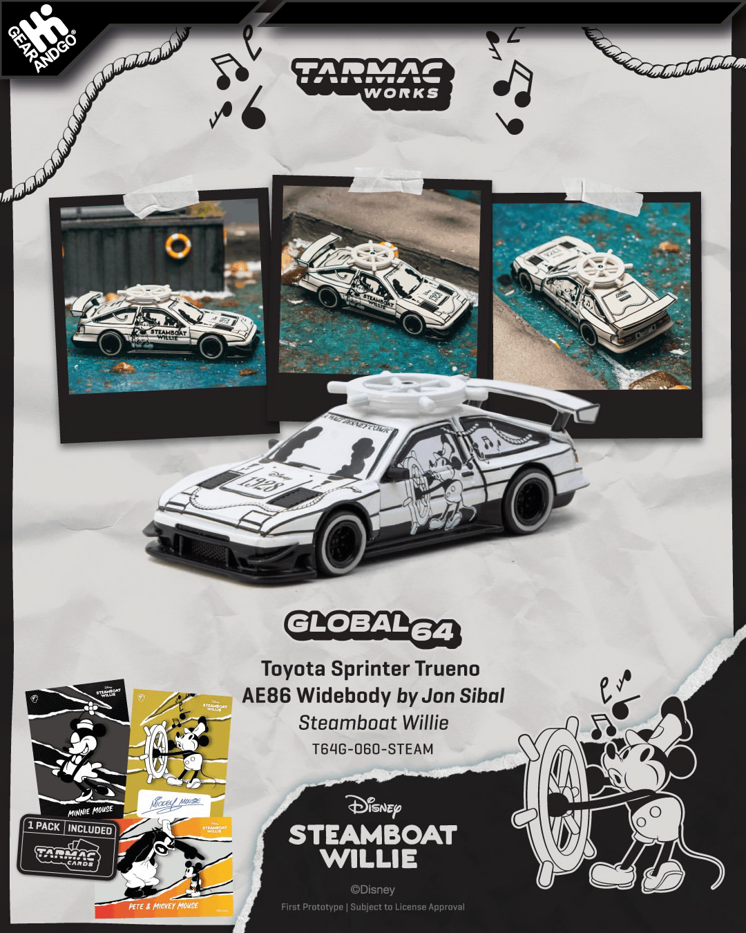 TARMAC - TOYOTA SPRINTER TRUENO AE86 WIDEBODY BY JON SIBAL *MICKEY & FRIENDS STEAMBOAT WILLIE*