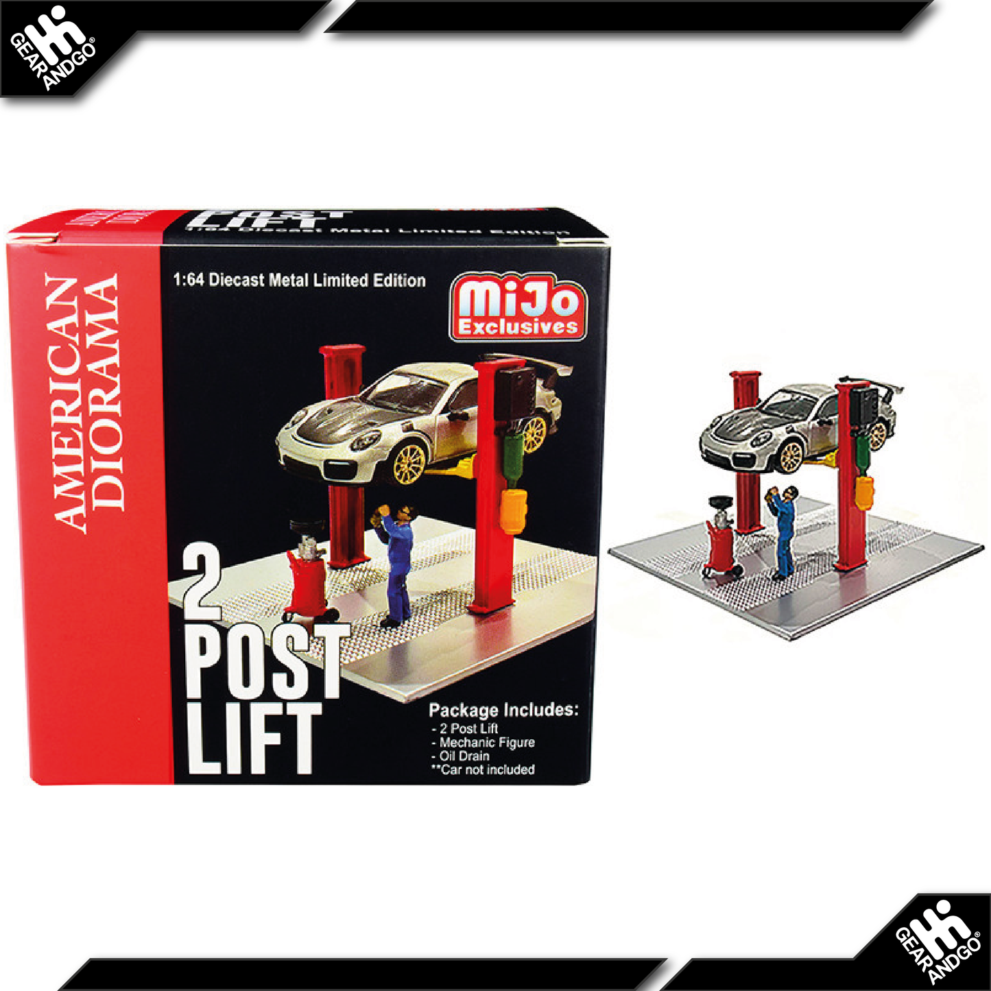 AMERICAN DIORAMA 2 POST LIFT WITH OIL DRAINER & MECHANIC FIGURE *RED*