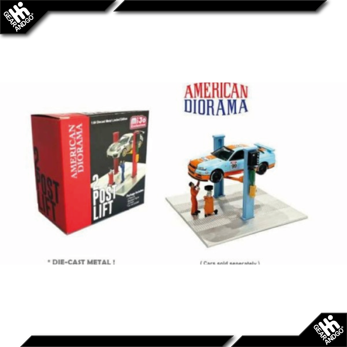 AMERICAN DIORAMA 2 POST LIFT WITH OIL DRAINER & MECHANIC FIGURE *BLUE*