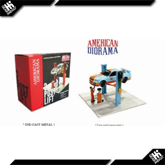 AMERICAN DIORAMA 2 POST LIFT WITH OIL DRAINER & MECHANIC FIGURE *BLUE*