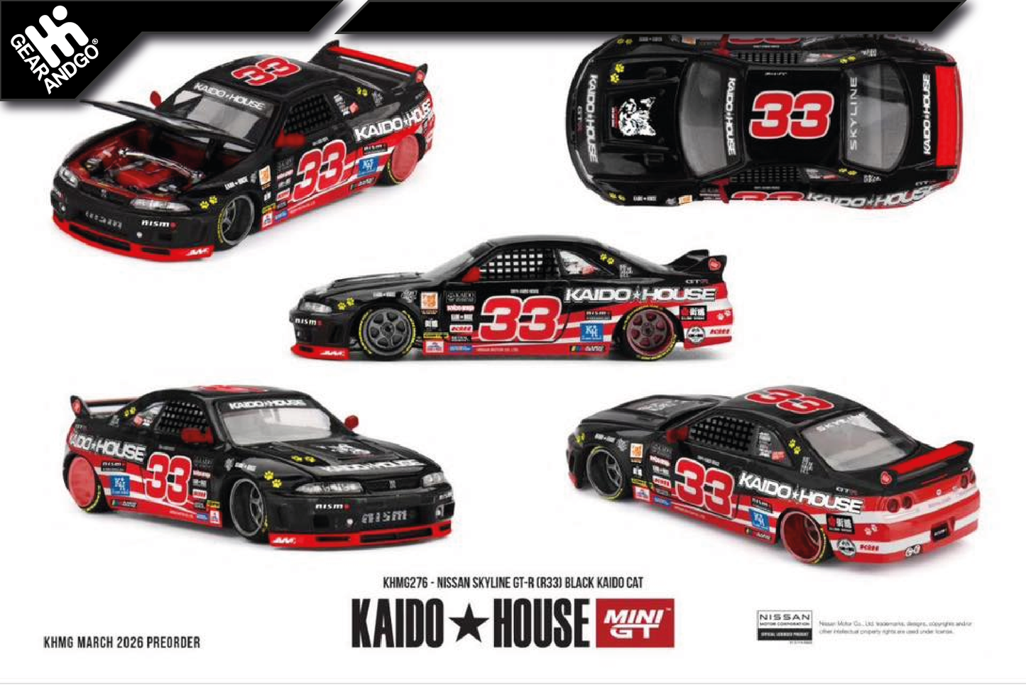 MINI GT KAIDO 276 - 1995 NISSAN SKYLINE GTR (R33) BLACK KAIDO CAT
