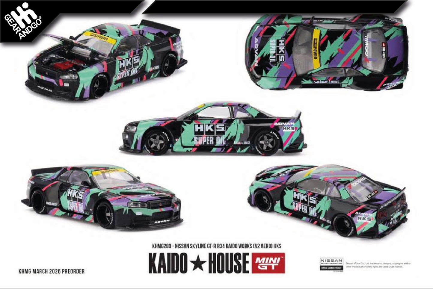 MINI GT KAIDO 280 - 1999 NISSAN SKYLINE GTR (R34) KAIDO WORKS (V2 AERO) *HKS*