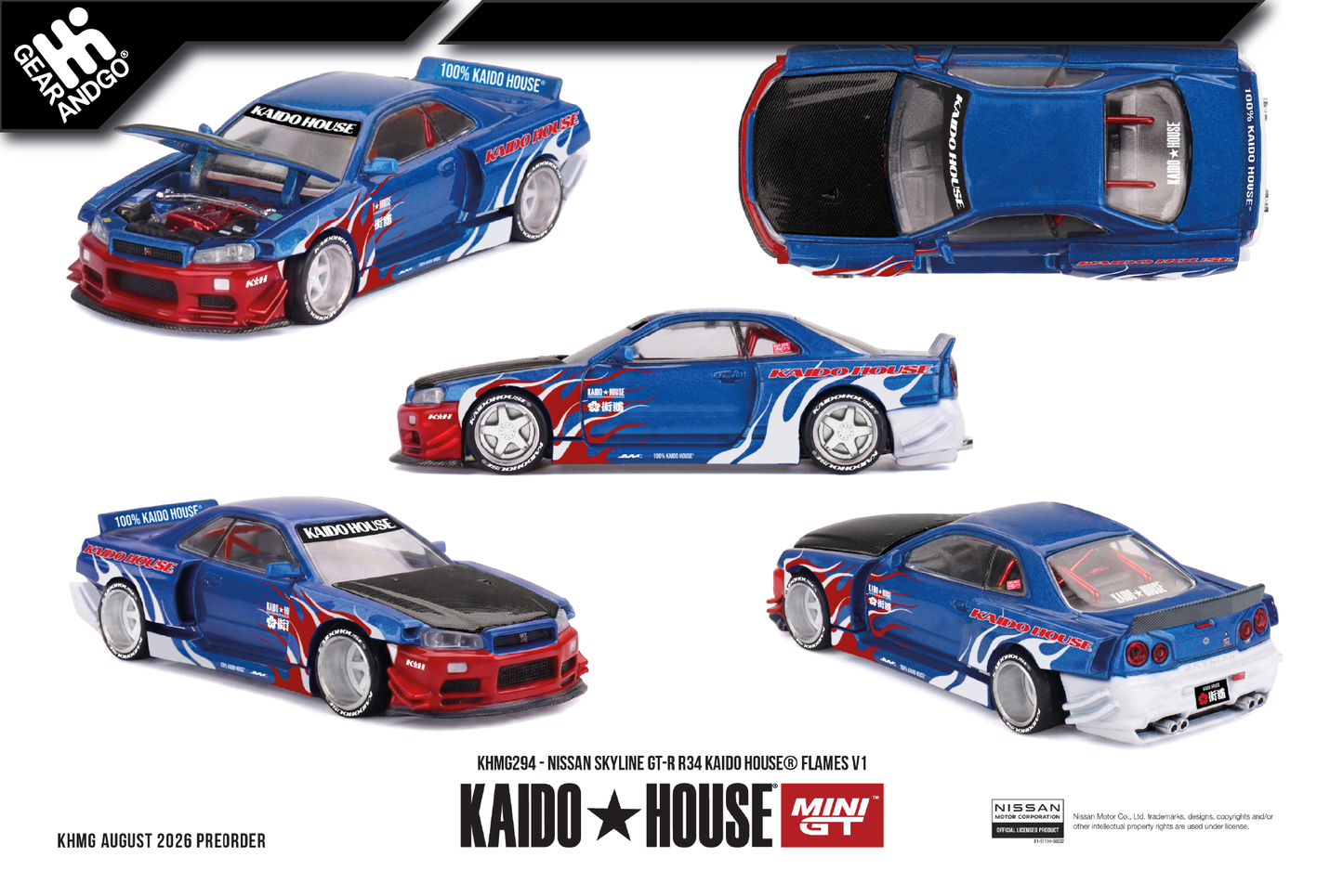 MINI GT KAIDO 294 - NISSAN SKYLINE GT-R R34 KAIDO HOUSE FLAMES V1
