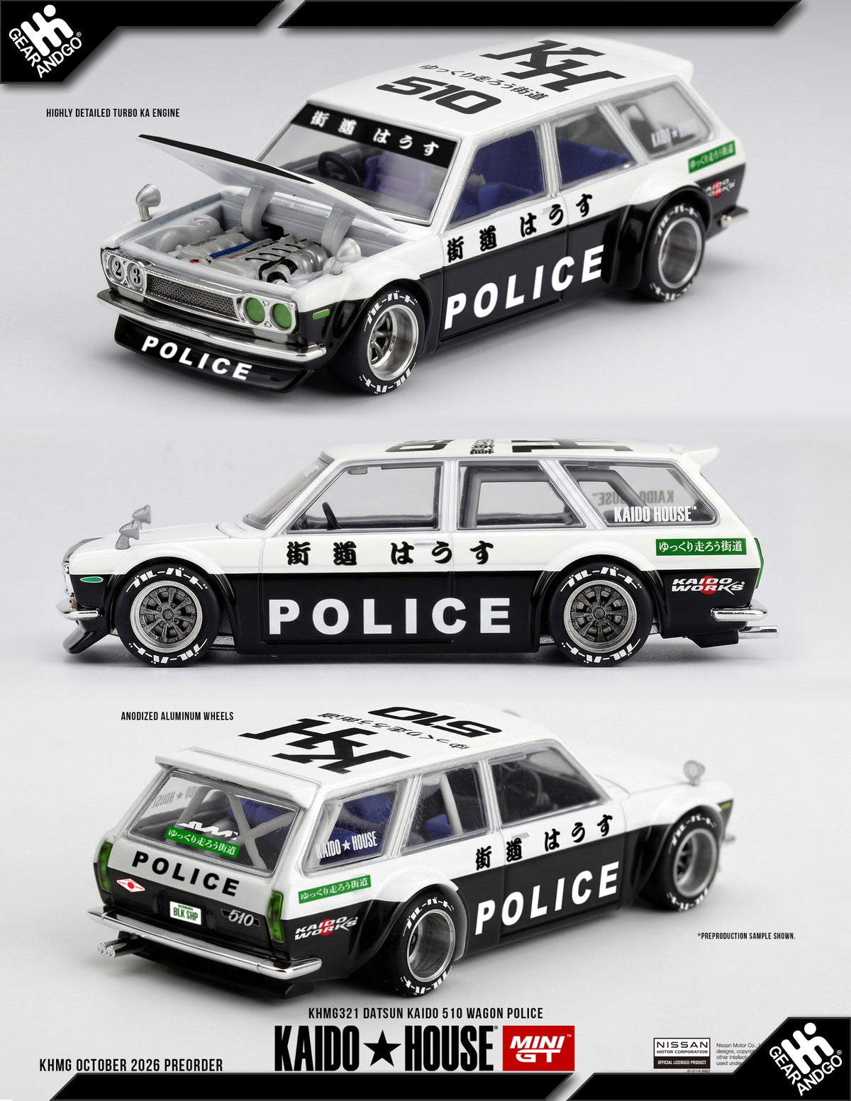 Mini GT Kaido House KHMG321 Datsun Kaido 510 Wagon Police