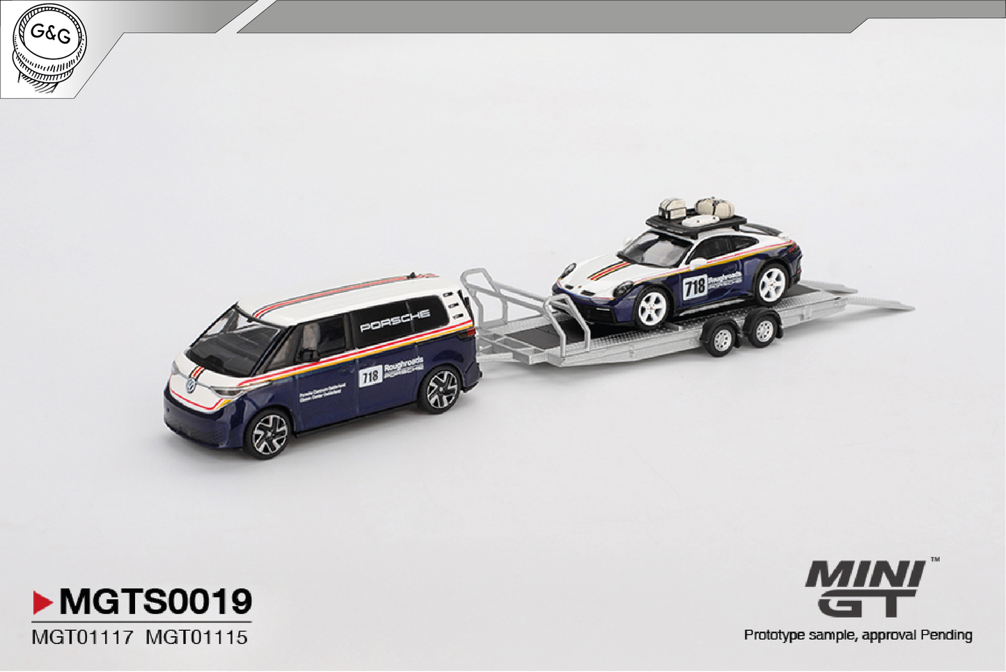MINI GT MGTS0019 - 2025 PORSCHE 911 DAKAR #718 WITH VOLKSWAGEN ID. BUZZ PORSCHE CENTRUM GELDERLAND ROUGHROADS